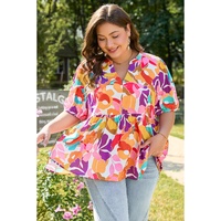 Pink Plus Size Floral Print V Neck Fit and Flare Blouse - 2X thumbnail