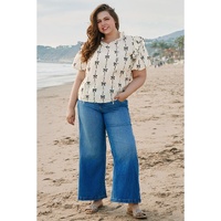 Apricot Bow Printed Ruffled Bubble Sleeve Lace-up Notched Neck Plus Size Blouse - 1X thumbnail