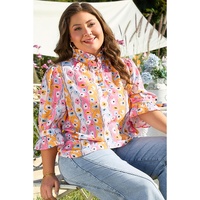 Pink Floral Ruffled Collar Bracelet Sleeve Plus Size Blouse Top - 1X thumbnail