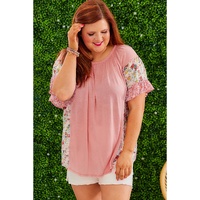 Pink Plus Size Floral Patchwork Ruffled Short Sleeve Blouse - 1X thumbnail