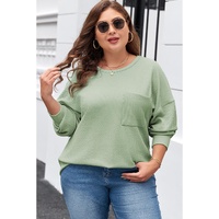 Clearly Aqua Plus Size Corded Knit Pocketed Crew Neck Top - 1X thumbnail