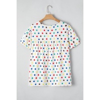 Apricot Plus Size Colorful Polka Dots Tie Neck Puff Sleeve Blouse - 1X thumbnail