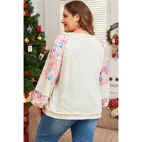 Apricot Plus Size Floral Patchwork Ribbed Puff Sleeve Top - 3X thumbnail