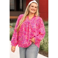 Purple Plus Size Floral Print Puff Sleeve V Neck Blouse - 1X thumbnail