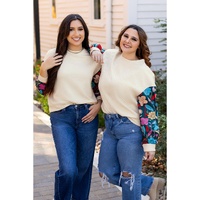 White Floral Patchwork Sleeve Textured Plus Size Pullover Top - 1X thumbnail