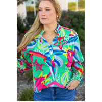 Green Abstract Printed Flounce Sleeve V Neck Buttoned Plus Size Blouse - 1X thumbnail