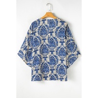 Blue Plus Size Ethnic Printed 3/4 Sleeve V Neck Loose Blouse - 2X thumbnail