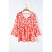 Red Plus Size Floral V Neck Flared Bracelet Sleeve Blouse - 1X thumbnail