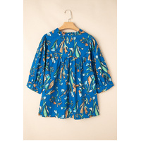 Blue Floral Notched V Neck Half Sleeve Plus Size Blouse - 3X thumbnail