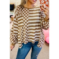 Khaki Striped Checkered Mixed Print Chest Pocket Casual Plus Size Top - 1X thumbnail