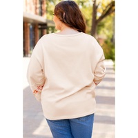 Beige Plus Size Flower Patched Side Slits Crewneck Top - 2X thumbnail