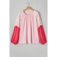 Pink Contrast Floral Patchwork Long Sleeve Plus Size Blouse - 2X thumbnail