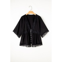 Black Plus Size Lace Splicing Button V Neck Short Sleeve Top - 2X thumbnail
