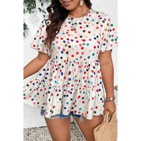 Beige Colorful Polka Dot Print Short Sleeve Ruffled Plus Size Babydoll Blouse - 1X thumbnail