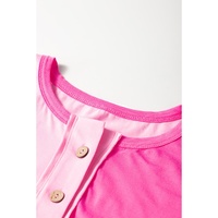 Bright Pink Colorblock Patchwork Short Sleeve Buttons Plus Size Henley Top - 2X thumbnail