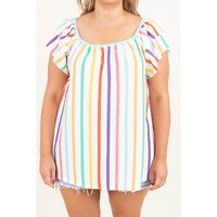 White Stripe Ruffled Sleeve Square Neck Plus Size Blouse - 1X thumbnail