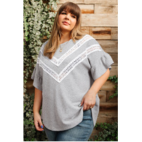 Light Grey Lace Insert Waffle Ruffle Short Sleeve Plus Size Top - 1X thumbnail