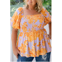Purple Floral Puff Sleeve Square Neck Smocked Plus Size Babydoll Blouse - 2X thumbnail