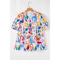 White Abstract Print Shirred Cuff Puff Sleeve Plus Size Blouse - 4X thumbnail