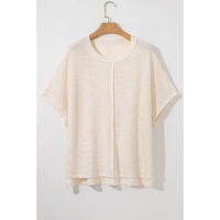 Beige Waffle Exposed Seam Detail Plus Size Short Sleeve Top - 1X thumbnail