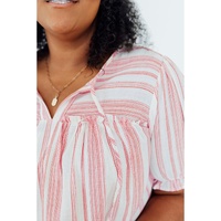 Pink Stripe Plus Size Tassel Tie Frilled Detail Short Sleeve Blouse - 1X thumbnail