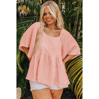 Apricot Pink Plus Size Textured Wide Short Sleeve Babydoll Blouse - 1X thumbnail