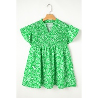 Green Floral Flutter Sleeve Shirred Notched Neck Plus Size Blouse - 4X thumbnail