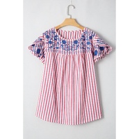 Red Stripe Plus Size Floral Embroidered Petal Sleeve Blouse - 4X thumbnail