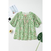 Green Plus Size Floral Tassel Tie Split Neck Puff Sleeve Blouse - 1X thumbnail