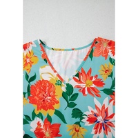 Sky Blue Plus Size Floral Print V Neck Batwing Sleeve Blouse - 4X thumbnail