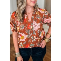 Brown Floral Stitched V Neck Frilled Trim Puff Short Sleeve Blouse - 1X thumbnail
