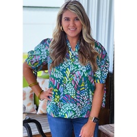 Green Abstract Print Knotted Short Sleeve Plus Size Blouse - 4X thumbnail