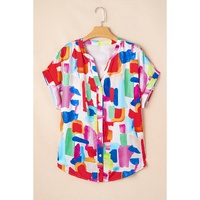 Colorful Brush Stroke Printed Plus Size Button Split Neck Blouse - 2X thumbnail