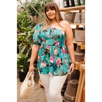 Green Plus Size Floral Smocked Bodice Single Puff Short Sleeve Babydoll Blouse - 2X thumbnail