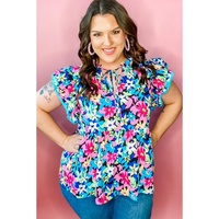 Blue Floral Flutter Sleeve Tied Notched Neck Plus Size Blouse - 1X thumbnail