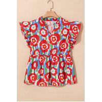 Red Plus Size Floral Print Ruffle Trim Split Neck Peplum Top - 1X thumbnail