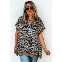 Khaki Leopard Contrast Trim Short Sleeve Loose Plus Size Top - 1X thumbnail