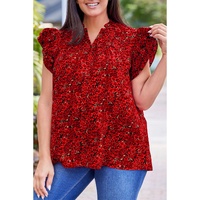 Fiery Red Rose Floral Print Ruffle Sleeve Plus Size Shift Top - 5X thumbnail