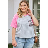 Stripe Leopard Patch Pocket Plus Size Raglan Sleeve Tee - 2X thumbnail