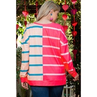 Rose Stripe Color Block Crewneck Long Sleeve Plus Size T Shirt - 2X thumbnail