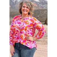 Pink Plus Size Abstract Floral Print V Neck Blouse - 2X thumbnail