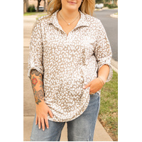 Apricot Leopard Tab Sleeve V Neck Plus Size Top - 1X thumbnail