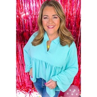 Turquoise Cordrd Balloon Sleeve Collar Plus Babydoll Top - 3X thumbnail