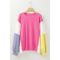Rose Red Colorblock Patchwork Striped Puff Sleeve Plus Size Top with Slits - 3X thumbnail