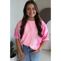 Pink Stripe Patchwork Colorblock Plus Size T Shirt - 1X thumbnail
