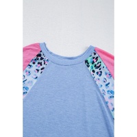 Sky Blue Leopard Print Patch Colorblock Plus Size T Shirt - 4X thumbnail