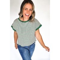 Green Stripe Trimmed Round Neck Plus Size Boxy Fit T-shirt - 4X thumbnail