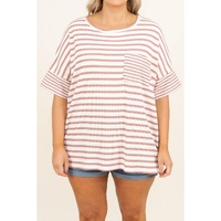 Pink Stripe Waffle Knit Pocketed Half Sleeve Plus Size T Shirt - 1X thumbnail