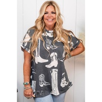 Gray Plus Size Western Boots Print Crew Neck T Shirt - 4X thumbnail