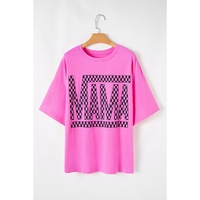 Bright Pink Checker MAMA Letter Printed Graphic Plus Size T Shirt - 1X thumbnail